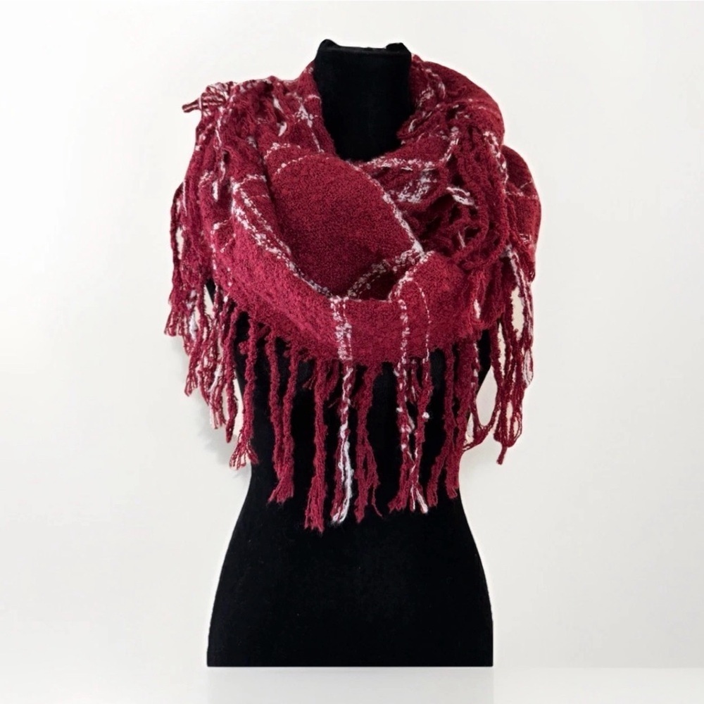Altard State Womans Scarf Burgundy Fringe Infinity Preppy Boho Festival Knit EUC